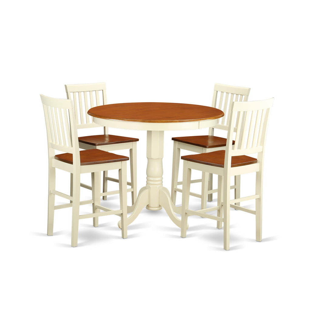 East West Furniture JAVN5-WHI-W 5 Piece Counter Height Dining Set Includes a Round Dining Table with Pedestal and 4 Kitchen Chairs, 36x36 Inch, Buttermilk & Cherry