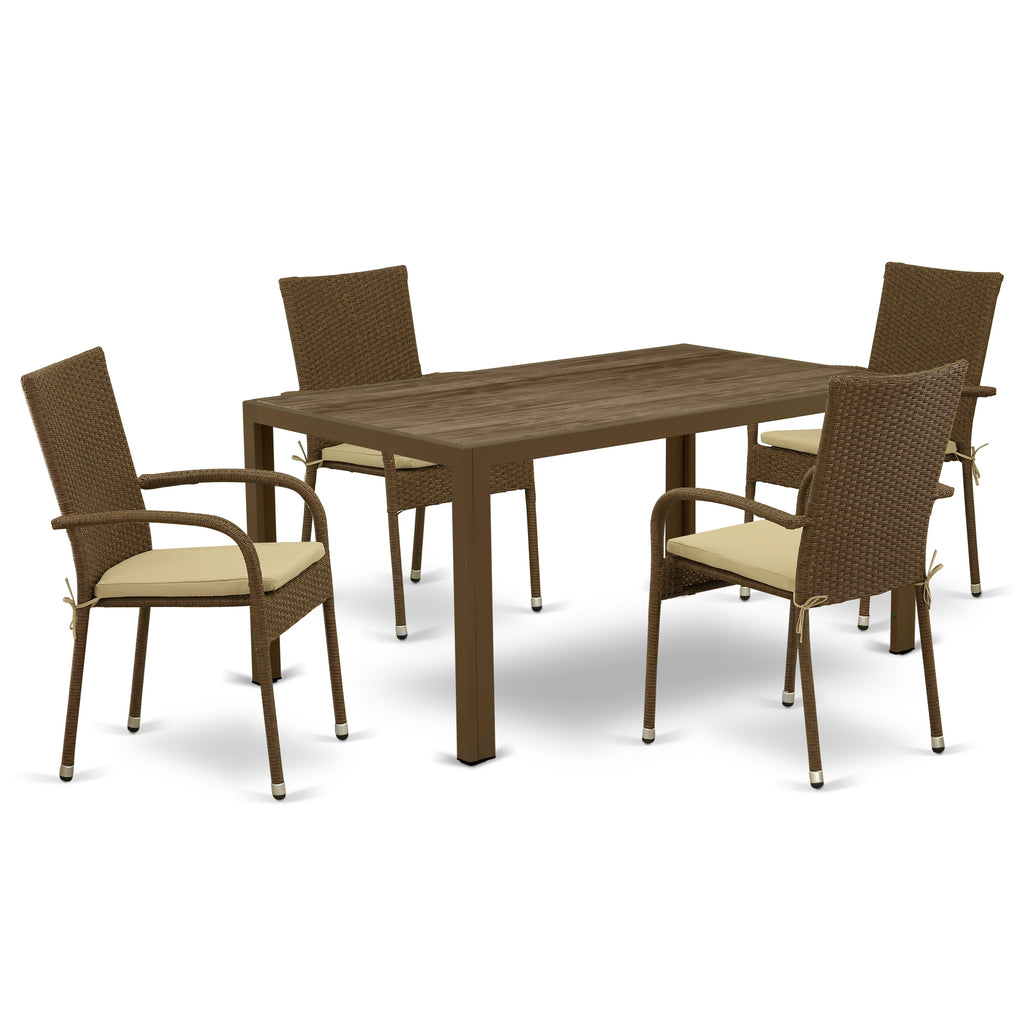 East West Furniture JUGU5-02A 5 Piece Outdoor Patio Conversation Sets Includes a Rectangle Wicker Dining Table with Glass Top and 4 Balcony Backyard Armchair with Cushion, 36x60 Inch, Brown