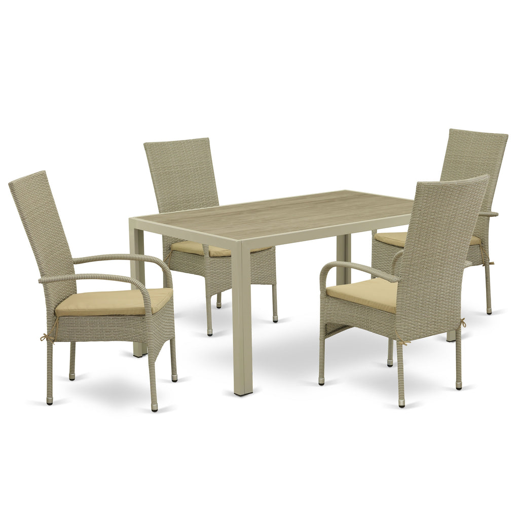 East West Furniture JUOS5-03A 5 Piece Patio Furniture Sets Wicker Outdoor Set Includes a Rectangle Dining Table with Glass Top and 4 Balcony Armchair with Cushion, 36x60 Inch, Natural Linen