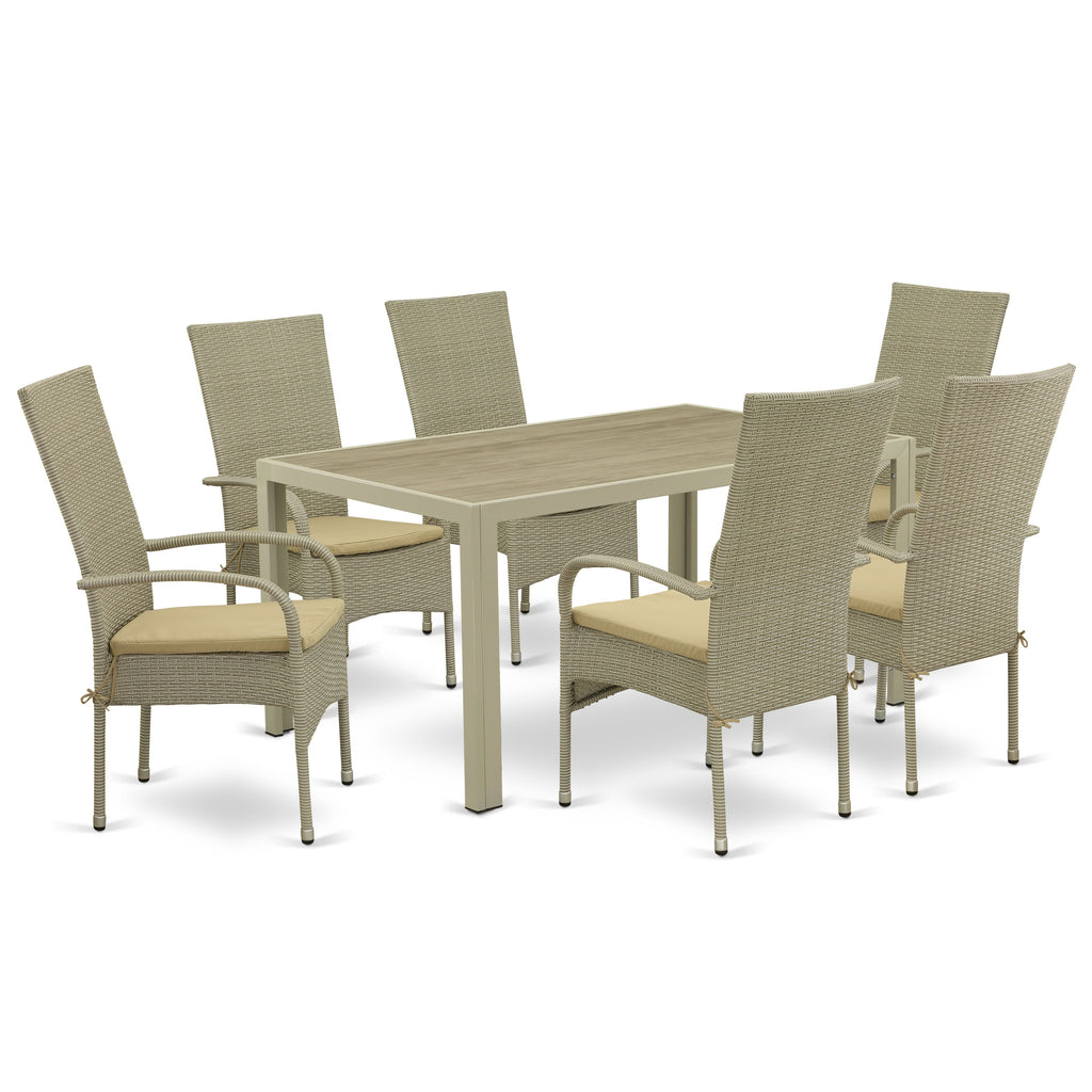 East West Furniture JUOS7-03A 7 Piece Outdoor Patio Conversation Sets Consist of a Rectangle Wicker Dining Table with Glass Top and 6 Backyard Armchair with Cushion, 36x60 Inch, Natural Linen