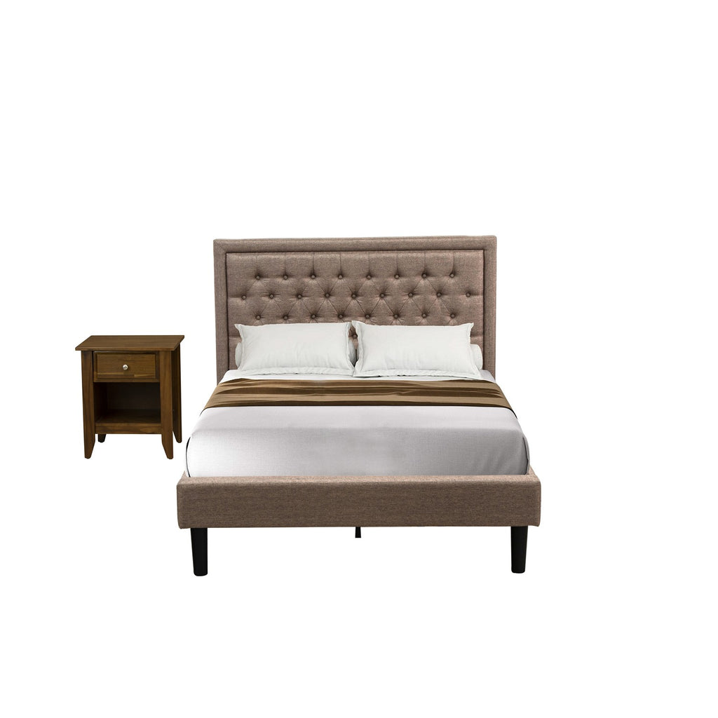 KD16F-1GA08 2 Piece Full Size Bed Set - 1 Platform Bed Dark Khaki Linen Fabric Padded and Button Tufted Headboard - 1 Wood Night Stand with Wood Drawer - Black Finish Legs