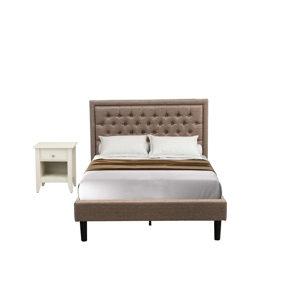 KD16F-1GA0C 2 Piece Full Size Bed Set - 1 Platform Bed Frame Dark Khaki Linen Fabric Padded and Button Tufted Headboard - 1 Night Stand with Wood Drawer - Black Finish Legs