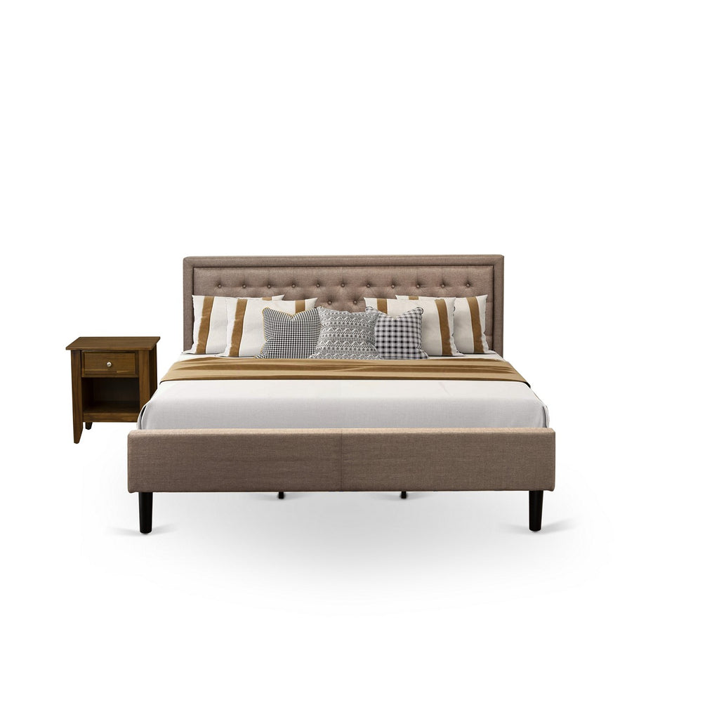 KD16K-1GA08 2 Piece Bedroom Set - 1 Wood Bed Frame Dark Khaki Linen Fabric Padded and Button Tufted Headboard - 1 Small Nightstand with Wooden Drawer - Black Finish Legs