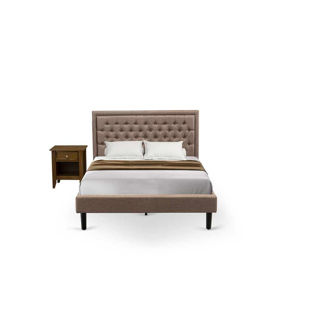 KD16Q-1GA08 2 Pc Queen Bed Set - 1 Modern Bed Frame Dark Khaki Linen Fabric Padded and Button Tufted Headboard - 1 Modern Nightstand with Wooden Drawer - Black Finish Legs