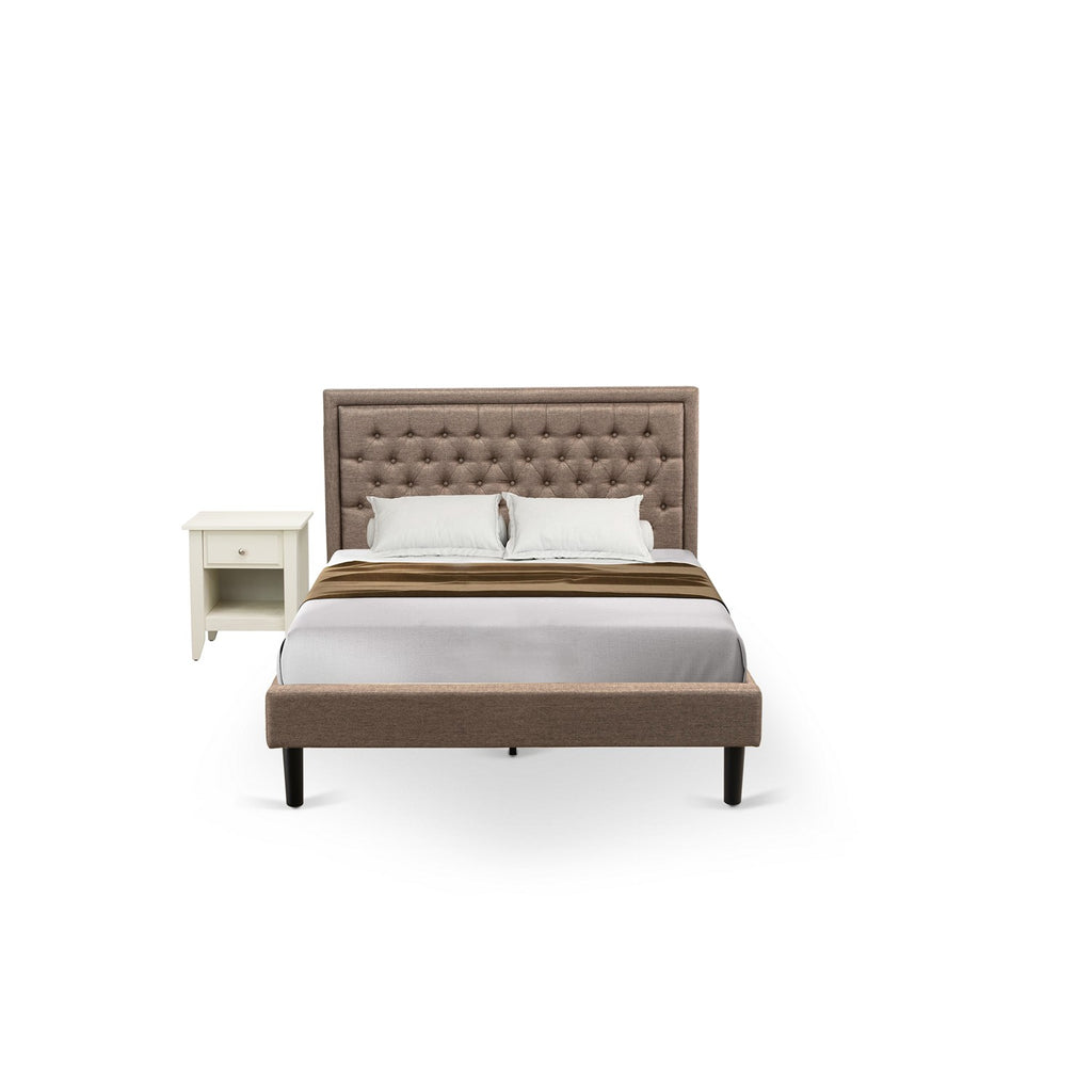 KD16Q-1GA0C 2 Pc Bed Set - 1 Queen Size Bed Frame Dark Khaki Linen Fabric Padded and Button Tufted Headboard - 1 Small Night Stand with Wooden Drawer - Black Finish Legs