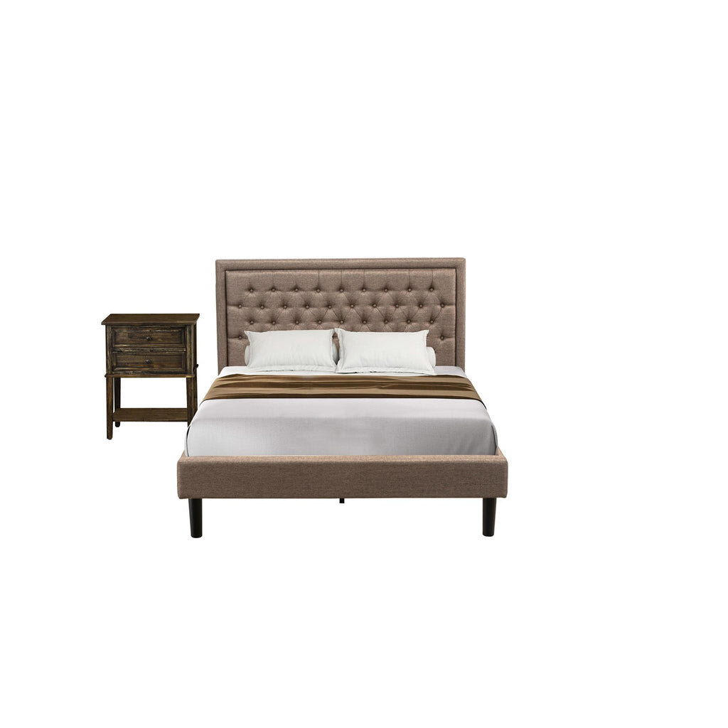 KD16Q-1VL07 2 Piece Queen Size Bed Set - 1 Platform Bed Dark Khaki Linen Fabric Padded and Button Tufted Headboard - 1 Wood Nightstand with Wooden Drawer - Black Finish Legs
