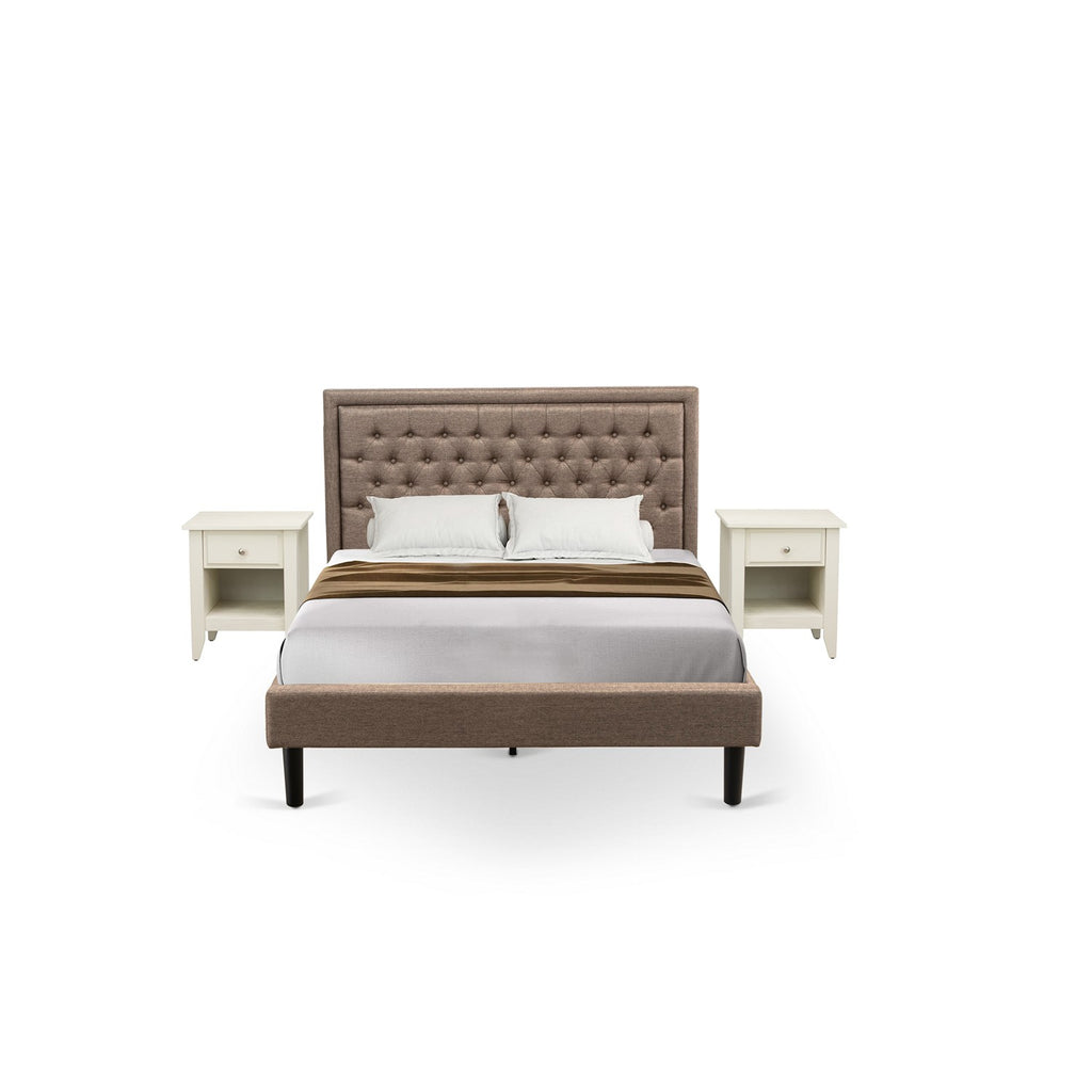 KD16Q-2GA0C 3 Piece Queen Size Bed Set - 1 Queen Size Bed Dark Khaki Linen Fabric Padded and Button Tufted Headboard - 2 Night Stand with Wooden Drawer - Black Finish Legs