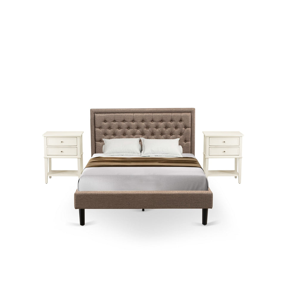 KD16Q-2VL0C 3 Pc Queen Bedroom Set - 1 Queen Bed Dark Khaki Linen Fabric Padded and Button Tufted Headboard - 2 Modern Nightstand with Wooden Drawer - Black Finish Legs