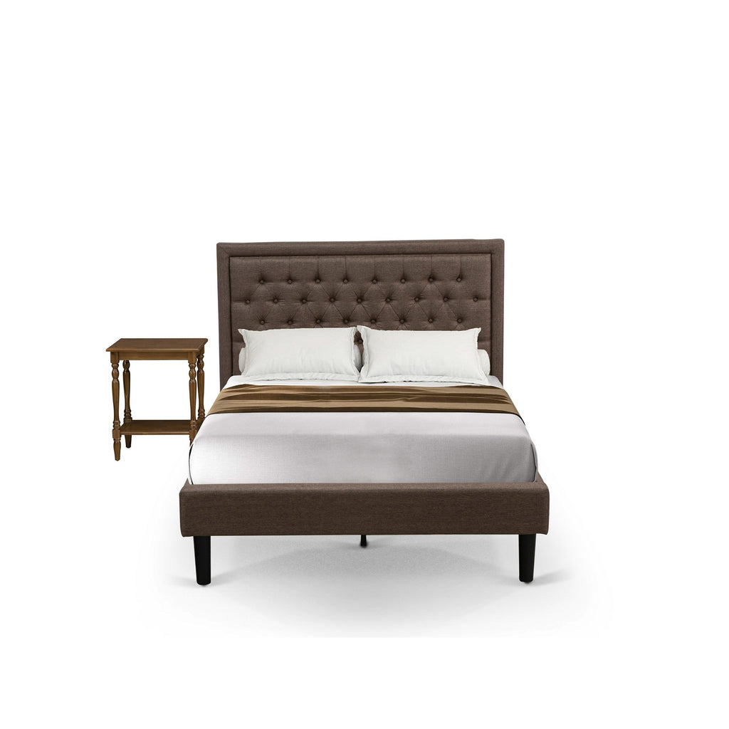 KD18F-1BF08 2 Pc Full Size Bedroom Set - 1 Full Size Wood Bed Brown Linen Fabric Padded and Button Tufted Headboard with 1 Night Stand for Bedroom - Black Finish Legs