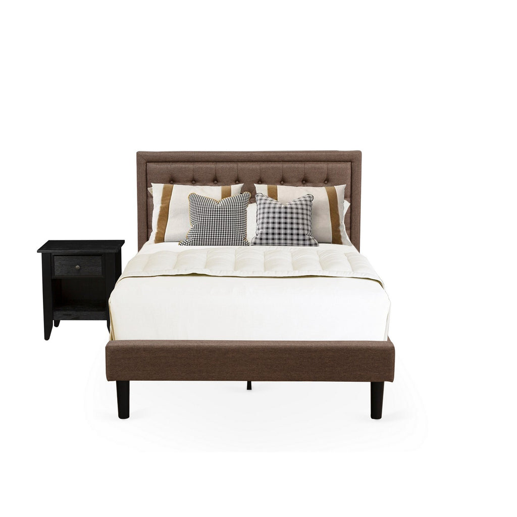 KD18F-1GA06 2 Pc Bedroom Set - 1 Full Platform Bed Brown Linen Fabric Padded and Button Tufted Headboard - 1 Wooden Nightstand with Wooden Drawer - Black Finish Legs