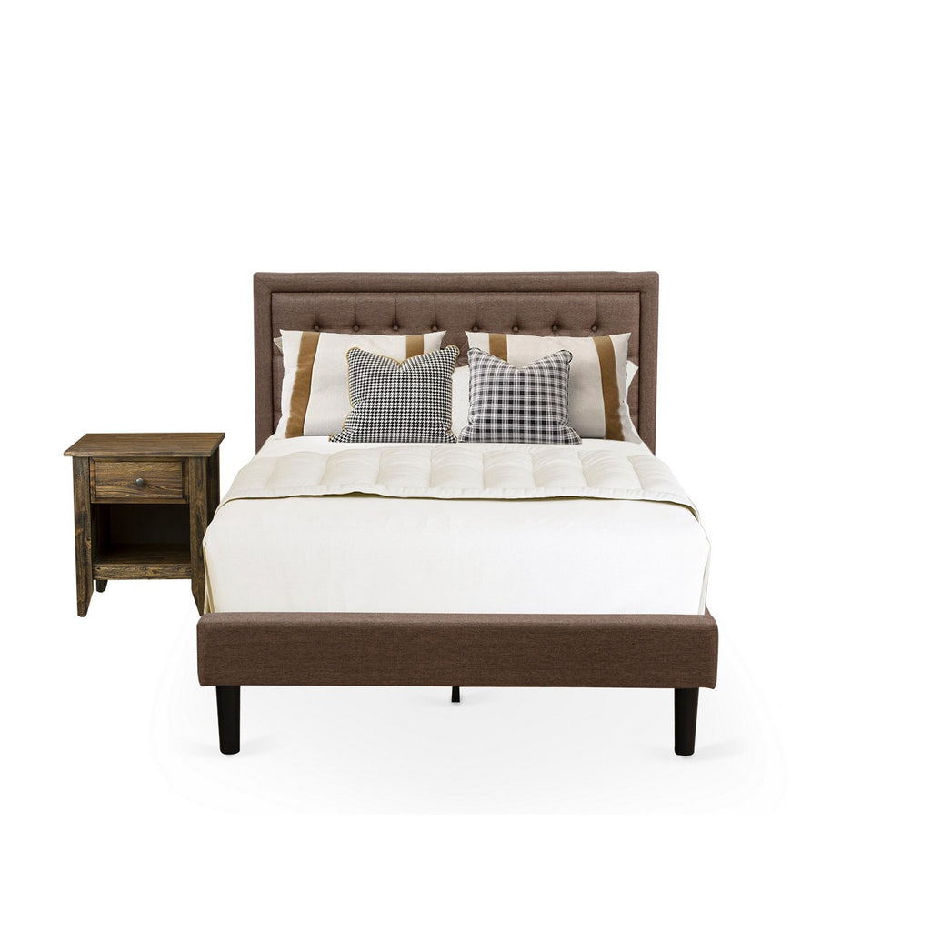 KD18F-1GA07 2 Piece Bed Set - 1 Full Bed Frame Brown Linen Fabric Padded and Button Tufted Headboard - 1 Night Stand with Wooden Drawer for Bedroom - Black Finish Legs