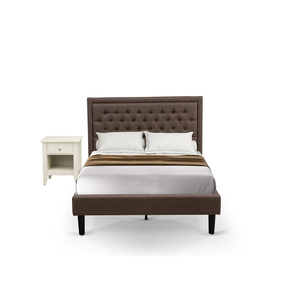 KD18F-1GA0C 2 Piece Wooden Bedroom Set - 1 Wood Bed Brown Linen Fabric Padded and Button Tufted Headboard - 1 Night Stand For Bedroom with Modern Drawer - Black Finish Legs