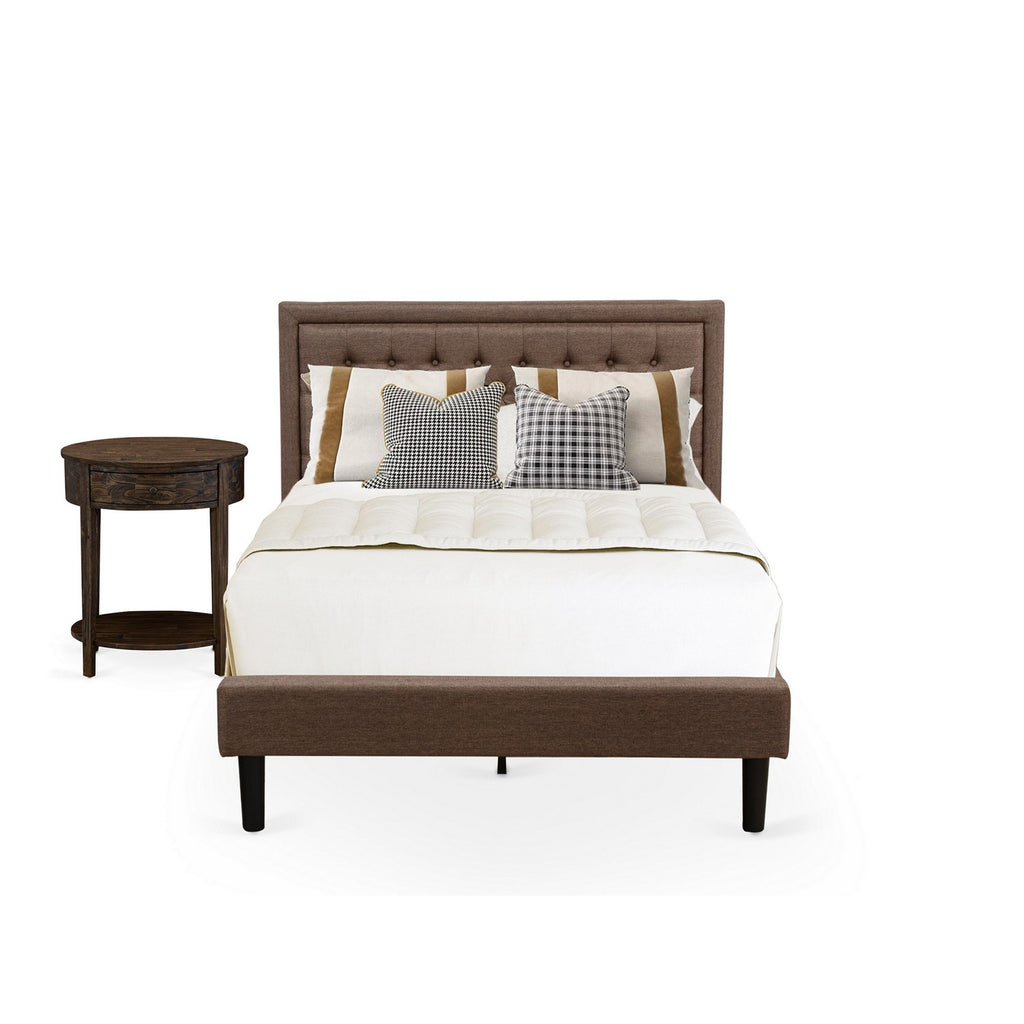 KD18F-1HI07 2 Pc Full Bedroom Set - 1 Bed Frame Brown Linen Fabric Padded and Button Tufted Headboard - 1 Nightstand with Wood Drawer for Bedroom - Black Finish Legs
