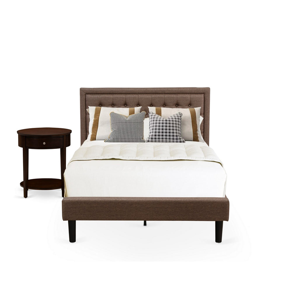 KD18F-1HI0M 2 Piece Bed Set - 1 Full Size Bed Brown Linen Fabric Padded and Button Tufted Headboard - 1 Night Stand for Bedroom with Mid Century Drawer - Black Finish Legs