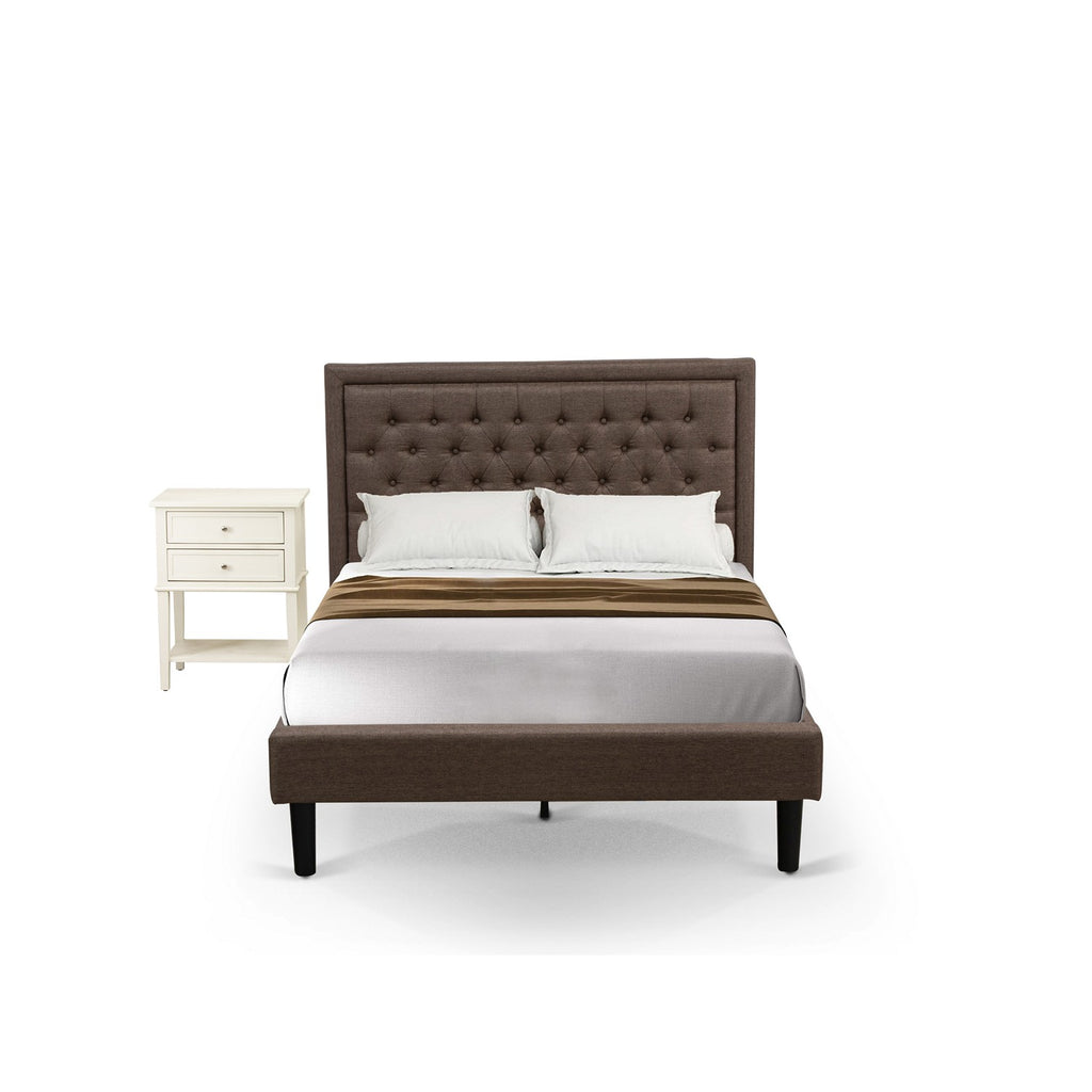 KD18F-1VL0C 2 Pc Full Bed Set - 1 Full Size Bed Frame Brown Linen Fabric Padded and Button Tufted Headboard - 1 Night Stand with Mid Century Drawers - Black Finish Legs