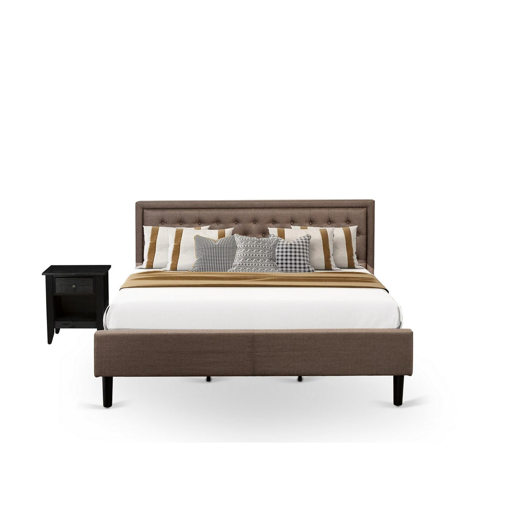 KD18K-1GA06 2 Piece King Bedroom Set - 1 Wooden Bed Brown Linen Fabric Padded and Button Tufted Headboard - 1 Mid Century Nightstand with Modern Drawer - Black Finish Legs