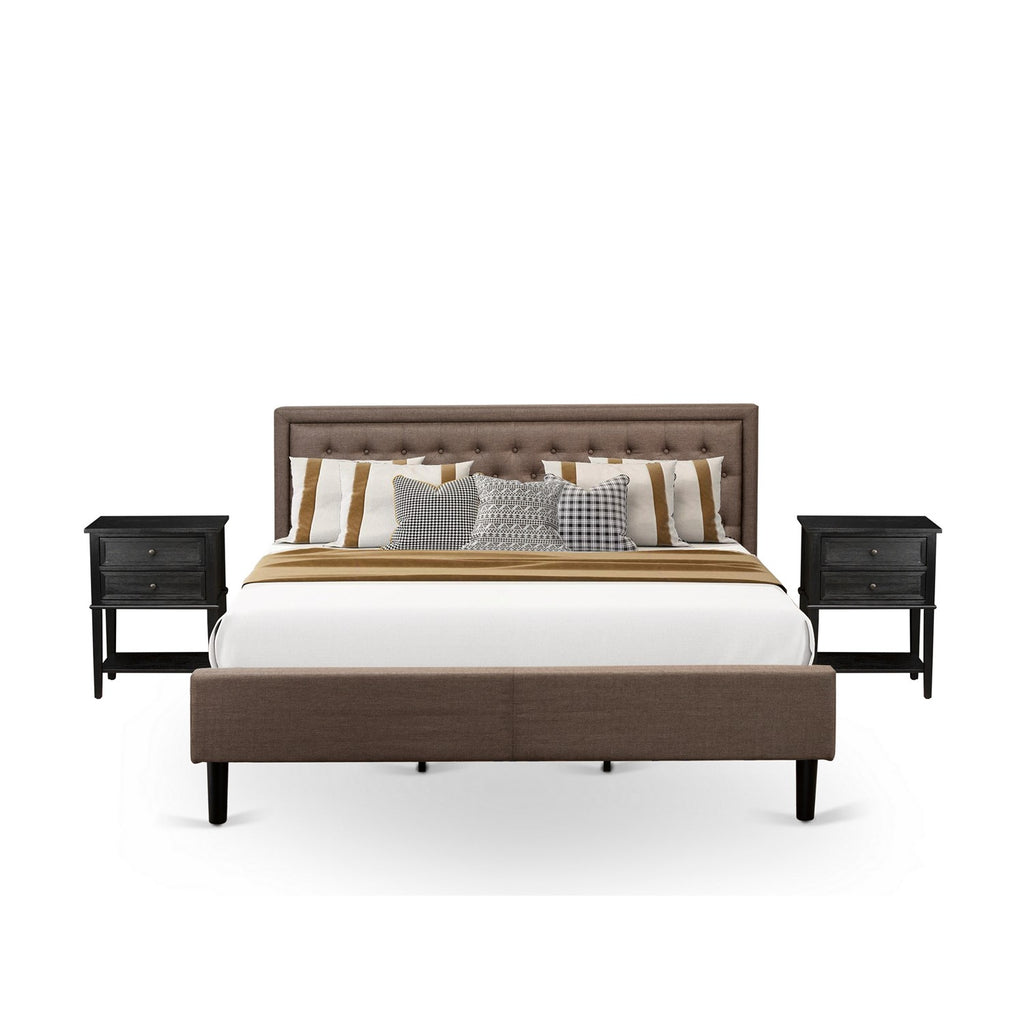 KD18K-2VL06 3 Piece King Bedroom Set - 1 Bed Frame Brown Linen Fabric Padded and Button Tufted Headboard - 2 Modern Nightstand with Wooden Drawers - Black Finish Legs