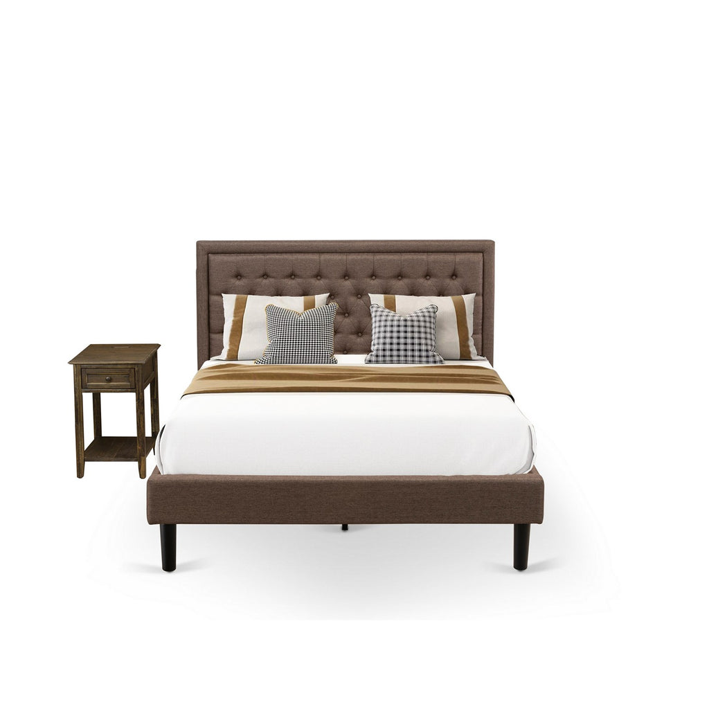 East West Furniture KD18Q-1DE07 2 Pc Queen Size Bed Set - 1 Queen Size Bed Frame Brown Linen Fabric Padded and Button Tufted Headboard - 1 Wooden Nightstand with Wood Drawer - Black Finish Legs