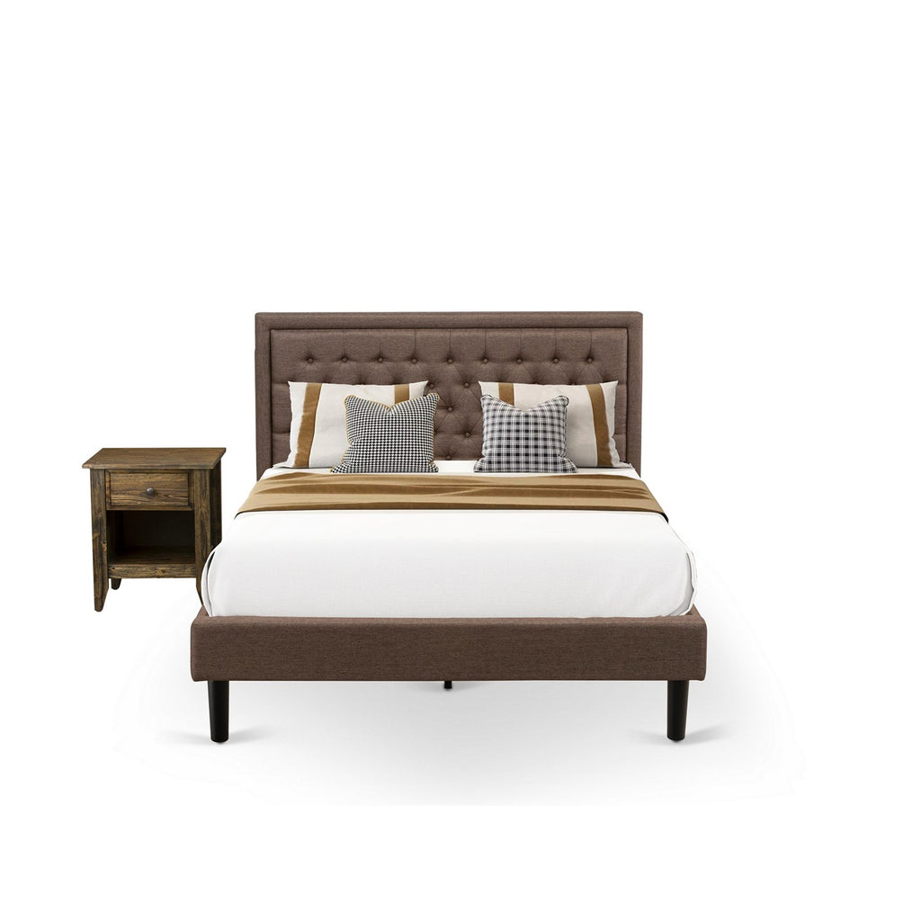 KD18Q-1GA07 2 Pc Queen Bedroom Set - 1 Queen Bed Frame Brown Linen Fabric Padded and Button Tufted Headboard - 1 Nightstand with Wood Drawer for Bedroom - Black Finish Legs