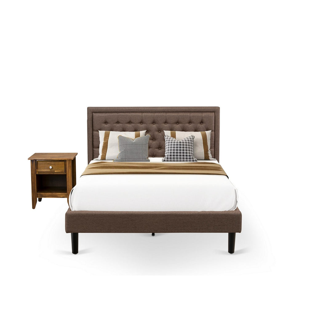 KD18Q-1GA08 2 Pc Queen Bed Set - 1 Wood Bed Frame Brown Linen Fabric Padded and Button Tufted Headboard - 1 Night Stand For Bedroom with Wood Drawer - Black Finish Legs
