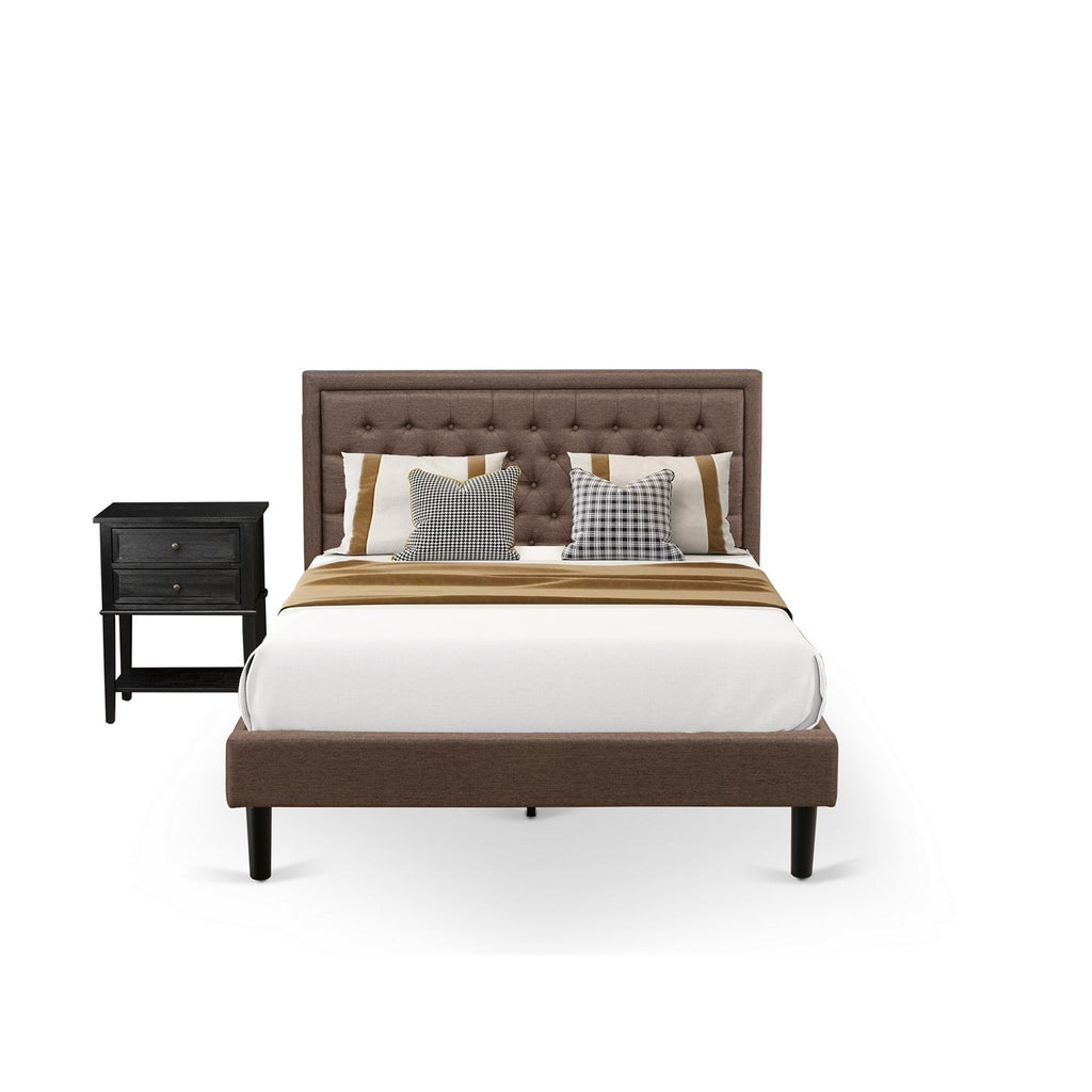 KD18Q-1VL06 2 Piece Queen Bed Set - 1 Wood Bed Frame Brown Linen Fabric Padded and Button Tufted Headboard - 1 Night Stand For Bedroom with Wooden Drawers - Black Finish Legs