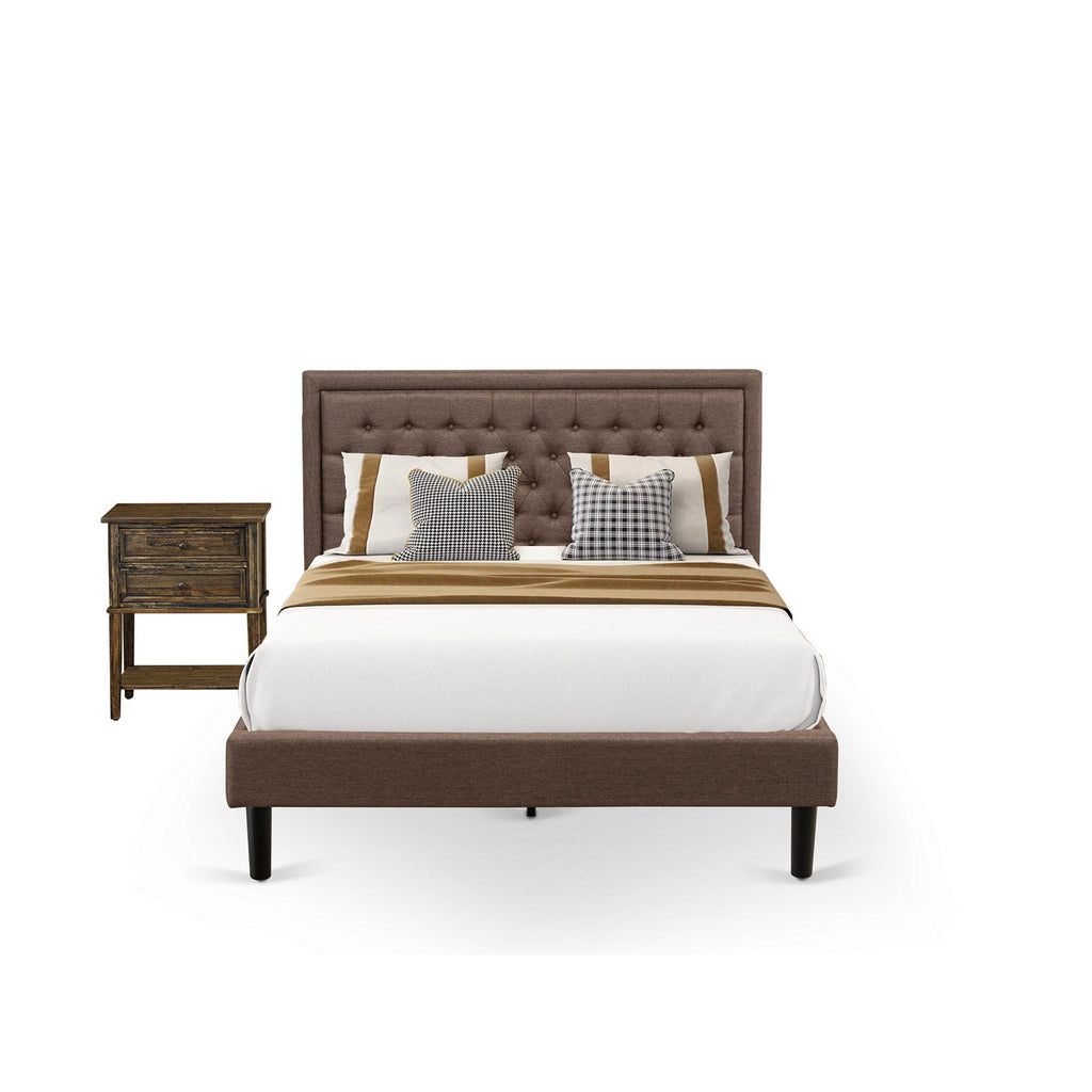 KD18Q-1VL07 2 Piece Queen Bedroom Set - 1 Queen Bed Brown Linen Fabric Padded and Button Tufted Headboard - 1 Wooden Nightstand with Modern Drawers - Black Finish Legs