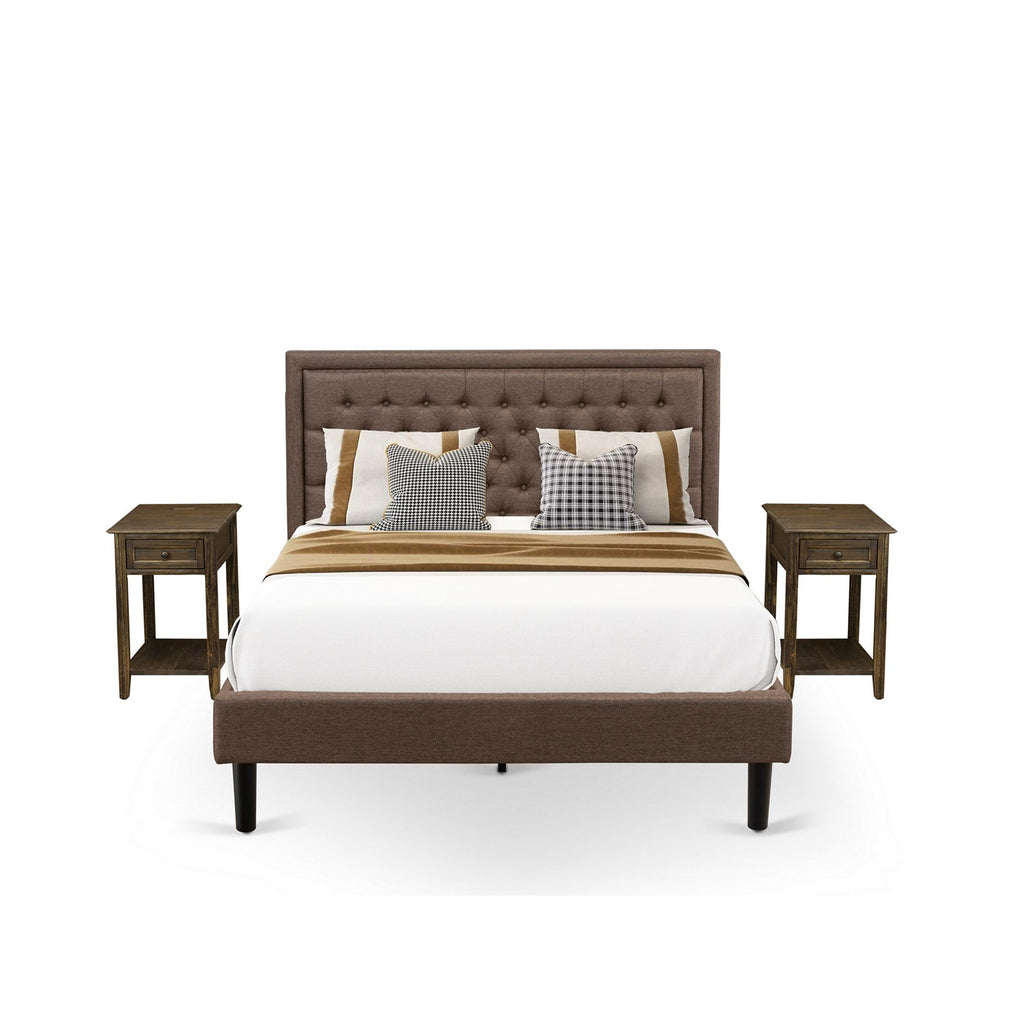 East West Furniture KD18Q-2DE07 3 Piece Bed Set - 1 Modern Bed Frame Brown Linen Fabric Padded and Button Tufted Headboard - 2 Mid Century Modern Nightstand with Wooden Drawer - Black Finish Legs