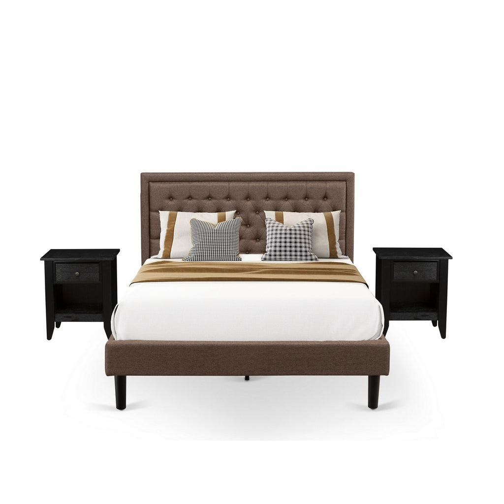 KD18Q-2GA06 3 Piece Queen Bed Set - 1 Queen Bed Frame Brown Linen Fabric Padded and Button Tufted Headboard - 2 Night Stands with Wood Drawer for Bedroom - Black Finish Legs