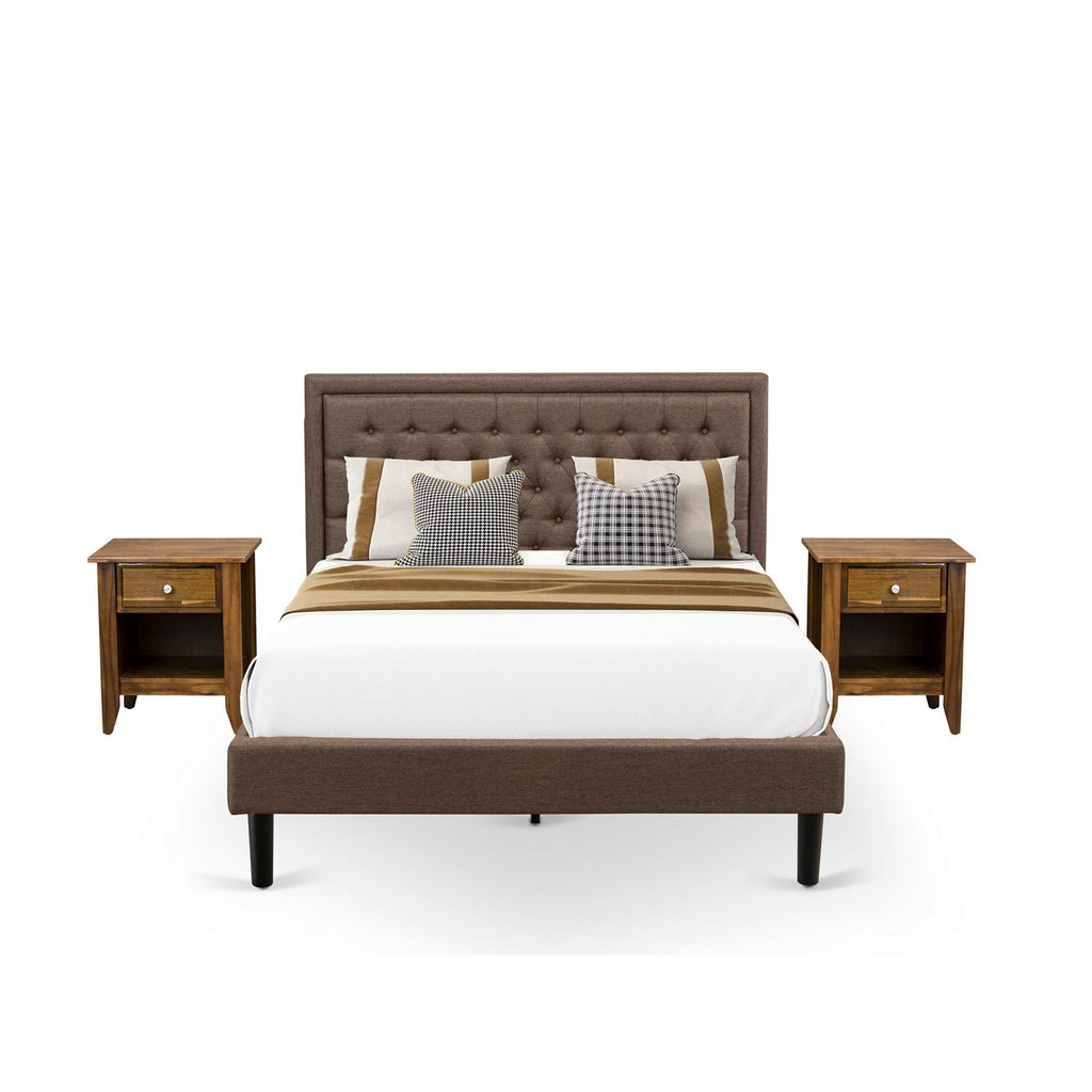 KD18Q-2GA08 3 Piece Bed Set - 1 Queen Bed Frame Brown Linen Fabric Padded and Button Tufted Headboard - 2 Small Night Stand with Wood Drawers for Bedroom - Black Finish Legs