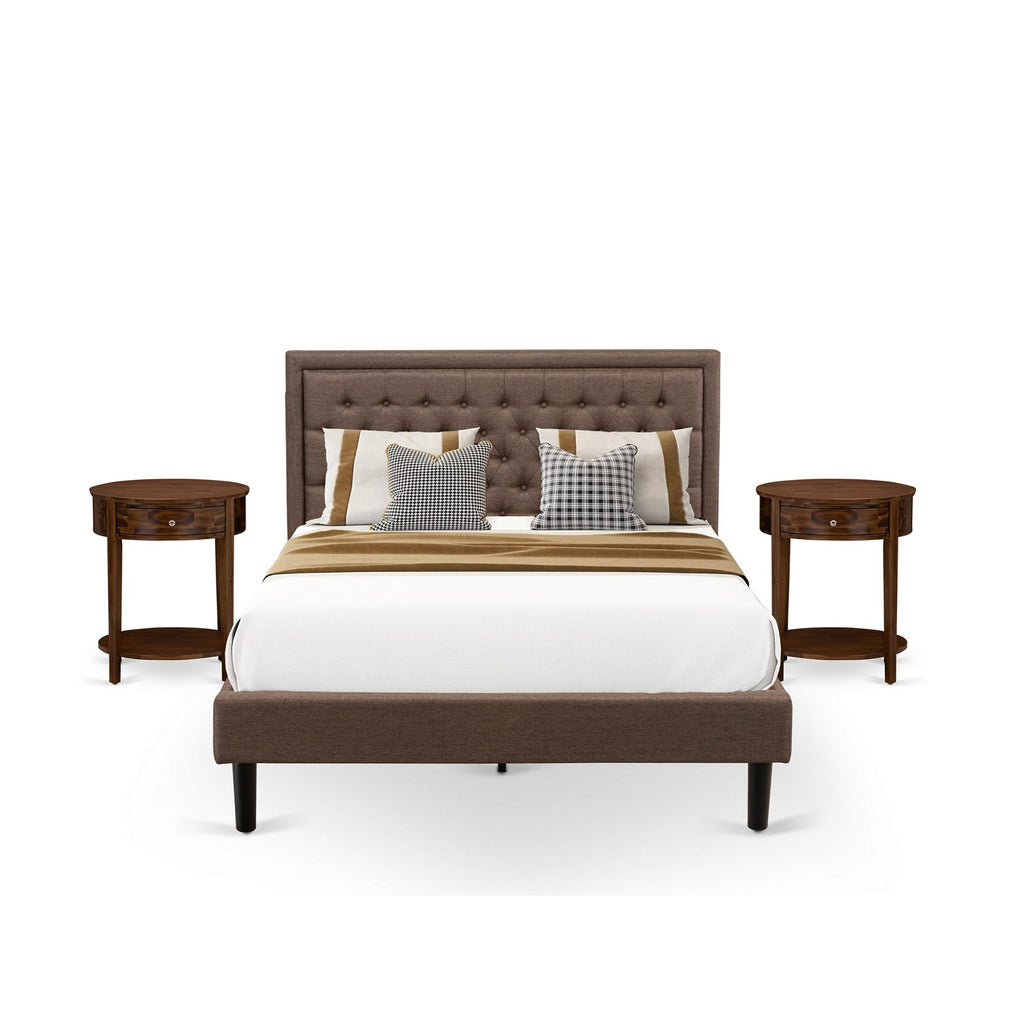East West Furniture KD18Q-2HI08 3 Pc Queen Size Bedroom Set - 1 Platform Bed Frame Brown Linen Fabric Padded and Button Tufted Headboard - 2 Nightstand with Wood Drawer - Black Finish Legs