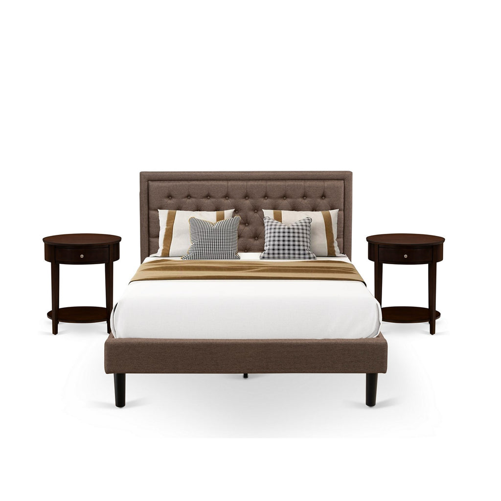 East West Furniture KD18Q-2HI0M 3 Pc Bed Set - 1 Bed Frame Brown Linen Fabric Padded and Button Tufted Headboard - 2 Wooden Nightstand with Wood Drawers for Bedroom - Black Finish Legs