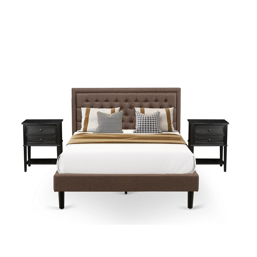 KD18Q-2VL06 3 Pc Queen Size Bed Set - 1 queen platform bed Brown Linen Fabric Padded and Button Tufted Headboard - 2 Small Nightstand with Wooden Drawers - Black Finish Legs