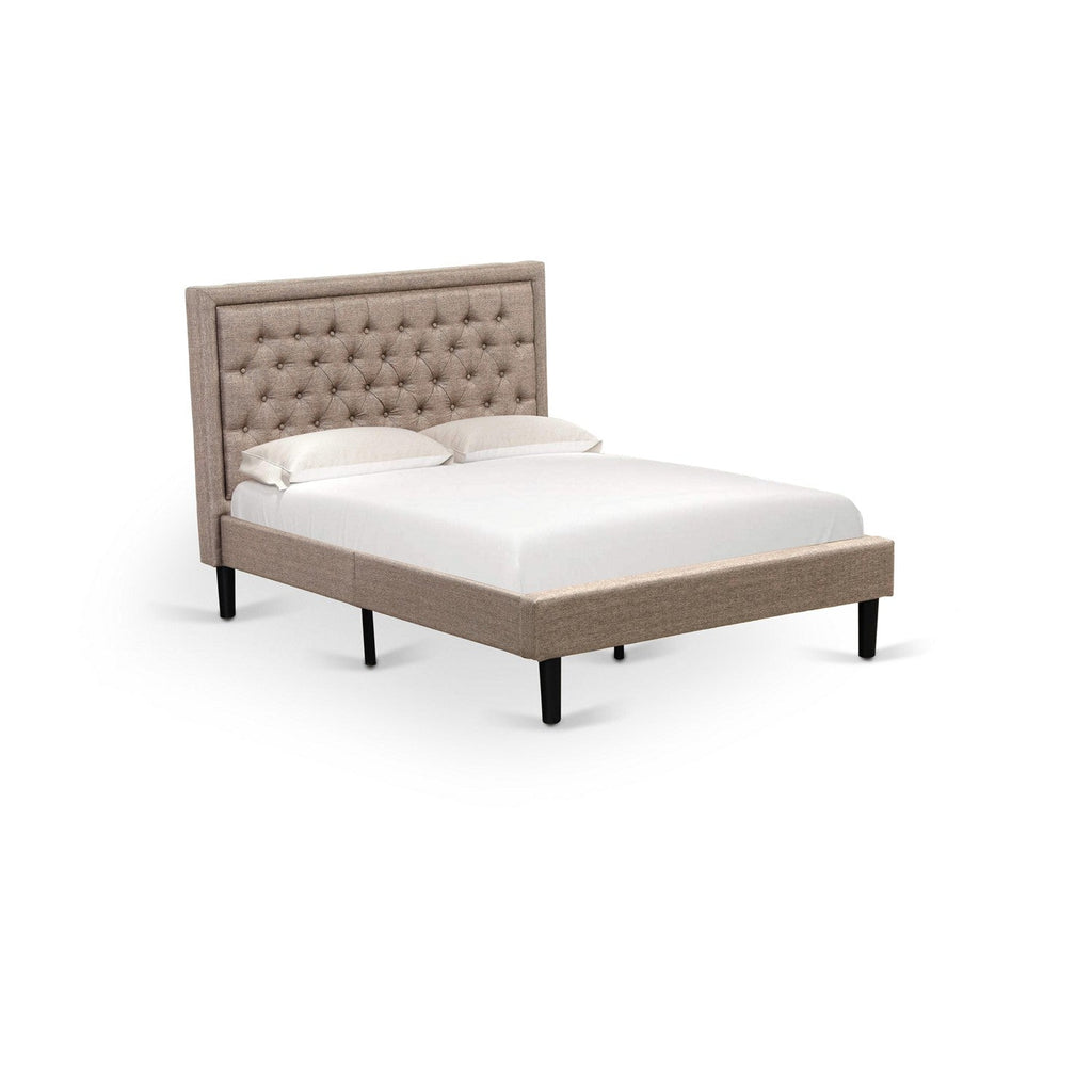 KD16F-2GA08 3 Pc Bedroom Set - 1 Full Platform Bed Dark Khaki Linen Fabric Padded and Button Tufted Headboard - 2 Bedroom Nightstand with Wood Drawer - Black Finish Legs