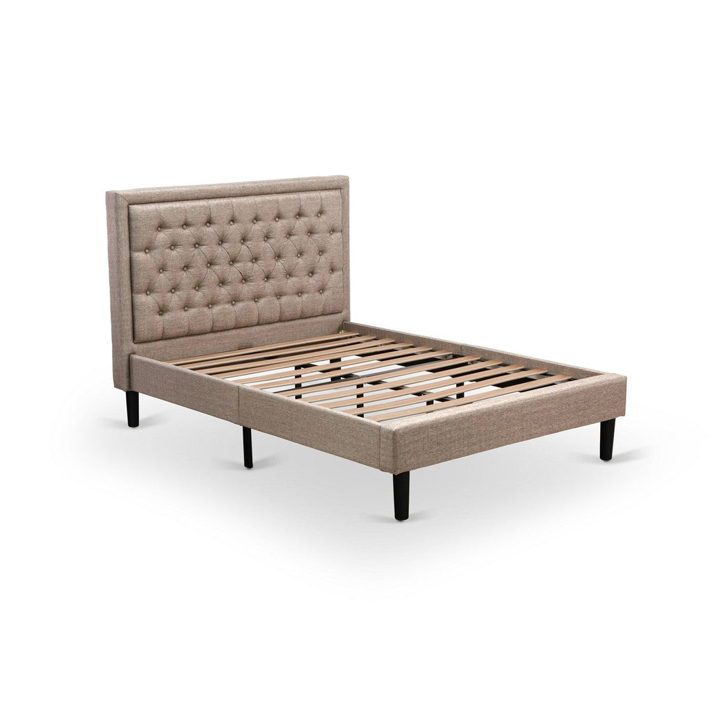 East West Furniture KDF-16-F Platform Full Size Bed - Dark Khaki Linen Fabric Upholestered Bed Headboard with Button Tufted Trim Design - Black Legs