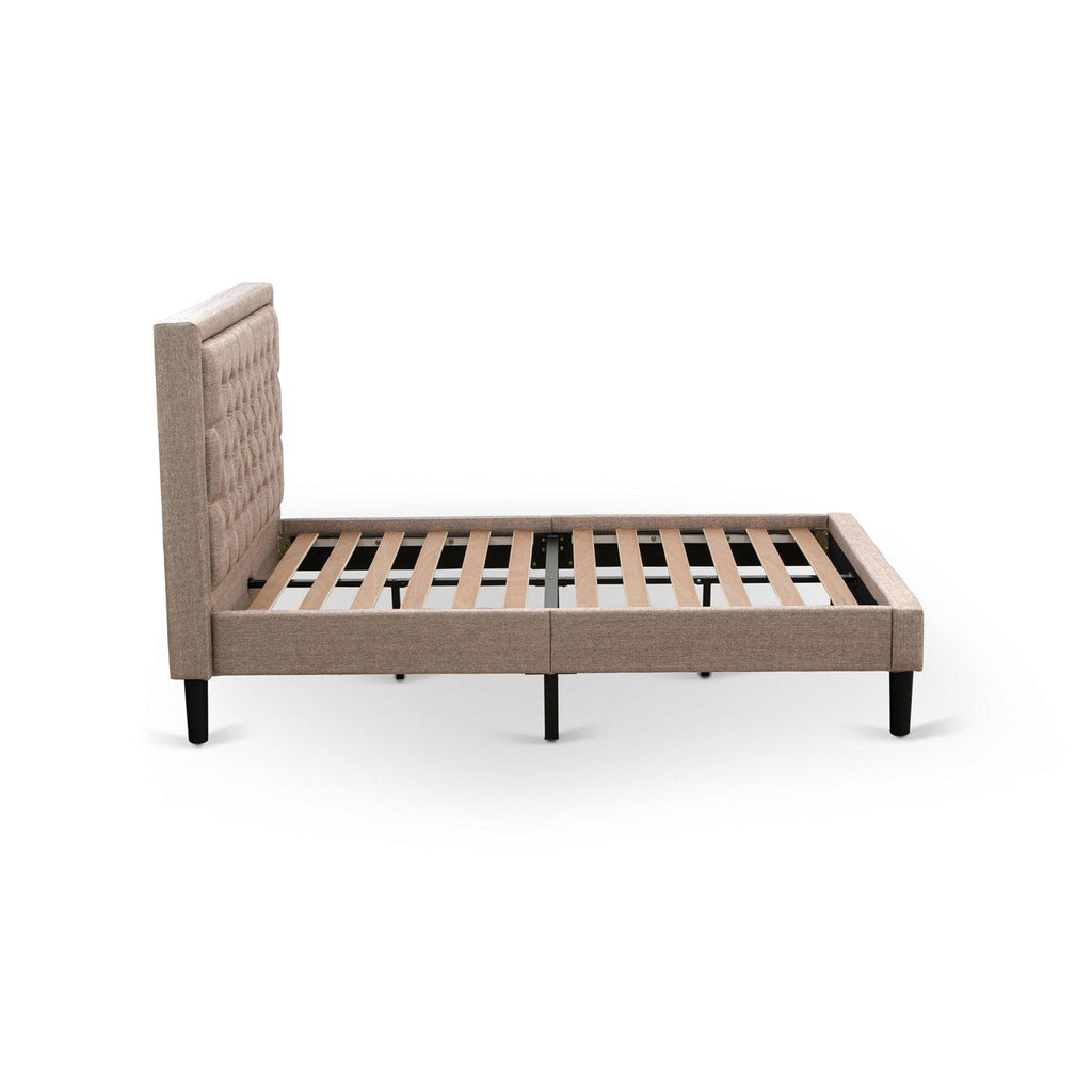 East West Furniture KDF-16-F Platform Full Size Bed - Dark Khaki Linen Fabric Upholestered Bed Headboard with Button Tufted Trim Design - Black Legs