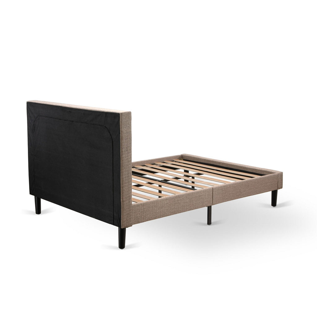 KD16F-1VL0C 2 Pc Wood Bedroom Set - 1 Platform Bed Dark Khaki Linen Fabric Padded and Button Tufted Headboard - 1 Night Stand with Mid Century Drawers - Black Finish Legs