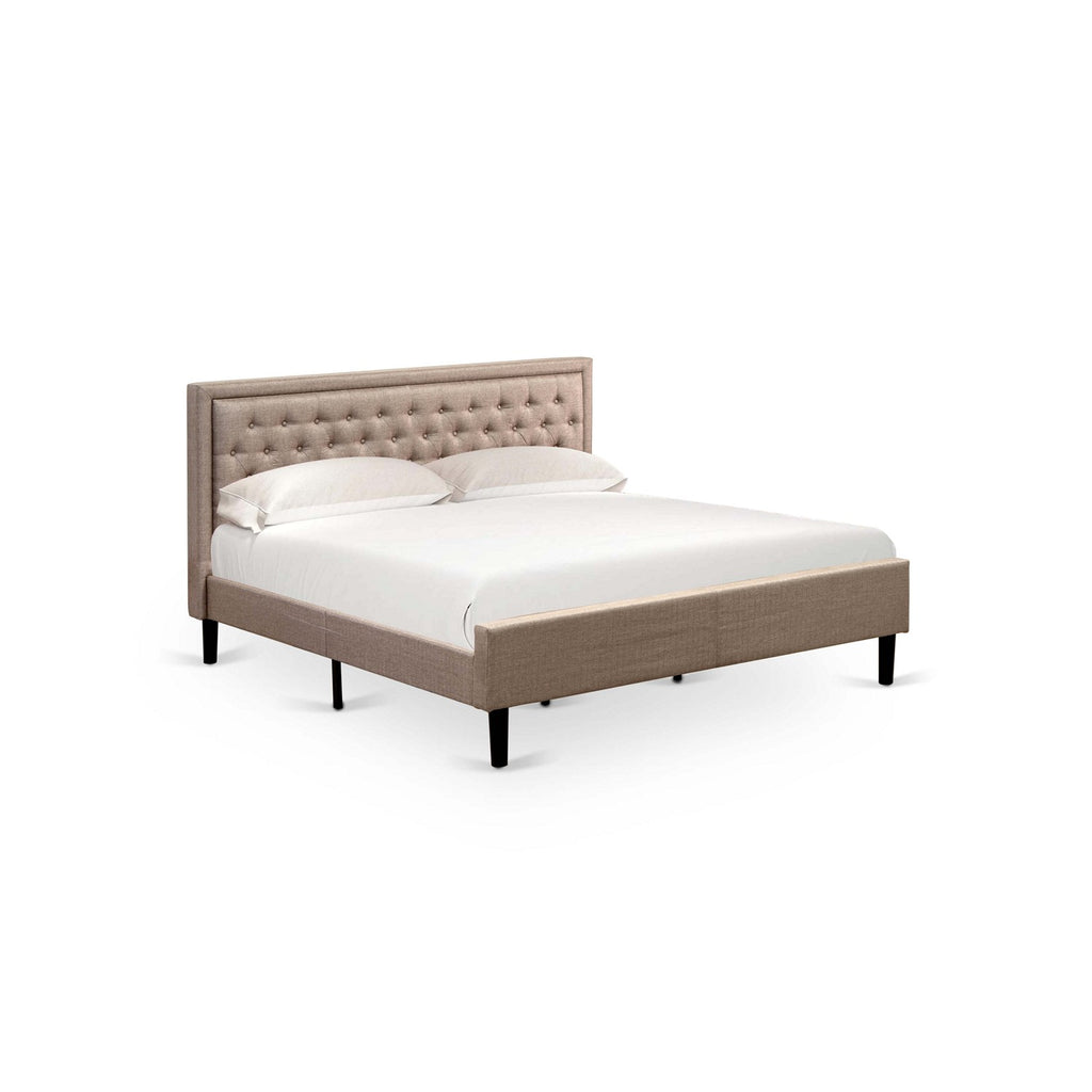 East West Furniture KDF-16-K Platform King Size Bed - Dark Khaki Linen Fabric Upholestered Bed Headboard with Button Tufted Trim Design - Black Legs