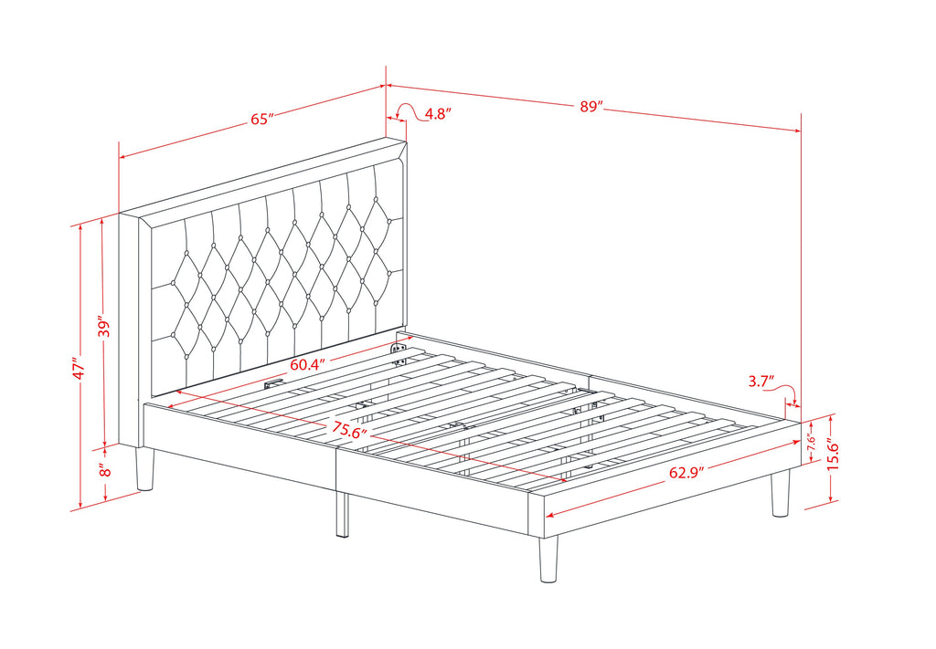 East West Furniture KDF-16-Q Platform Queen Size Bed - Dark Khaki Linen Fabric Upholestered Bed Headboard with Button Tufted Trim Design - Black Legs