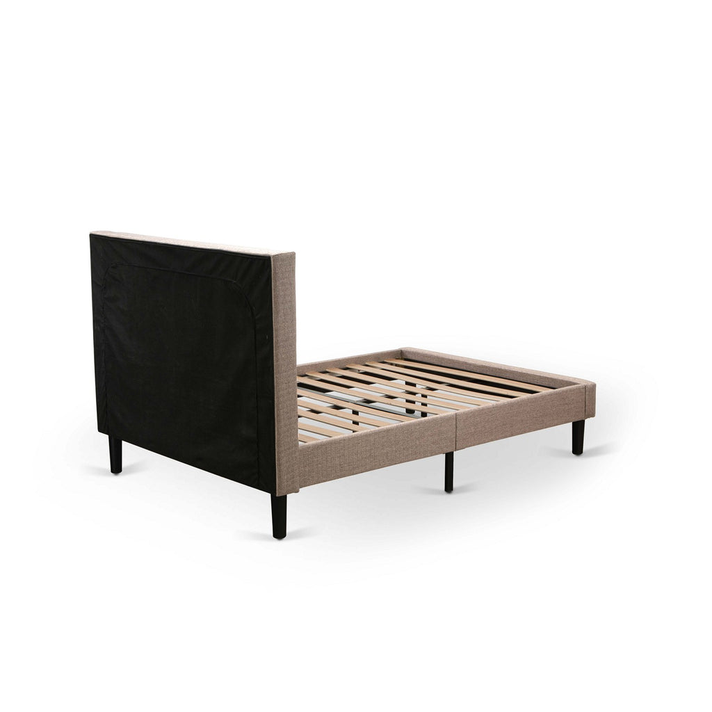 KD16Q-1GA0C 2 Pc Bed Set - 1 Queen Size Bed Frame Dark Khaki Linen Fabric Padded and Button Tufted Headboard - 1 Small Night Stand with Wooden Drawer - Black Finish Legs