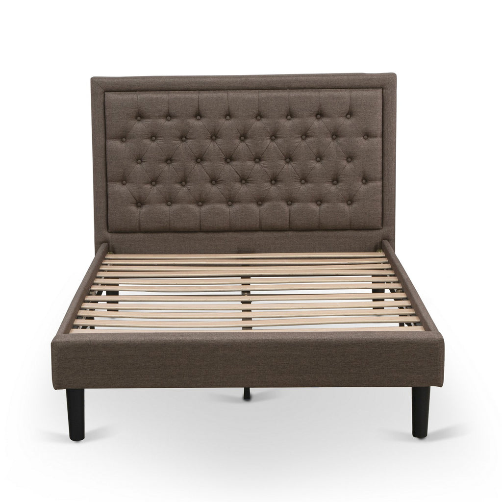 East West Furniture KDF-18-F Platform Full Bed Frame - Brown Linen Fabric Upholestered Bed Headboard with Button Tufted Trim Design - Black Legs