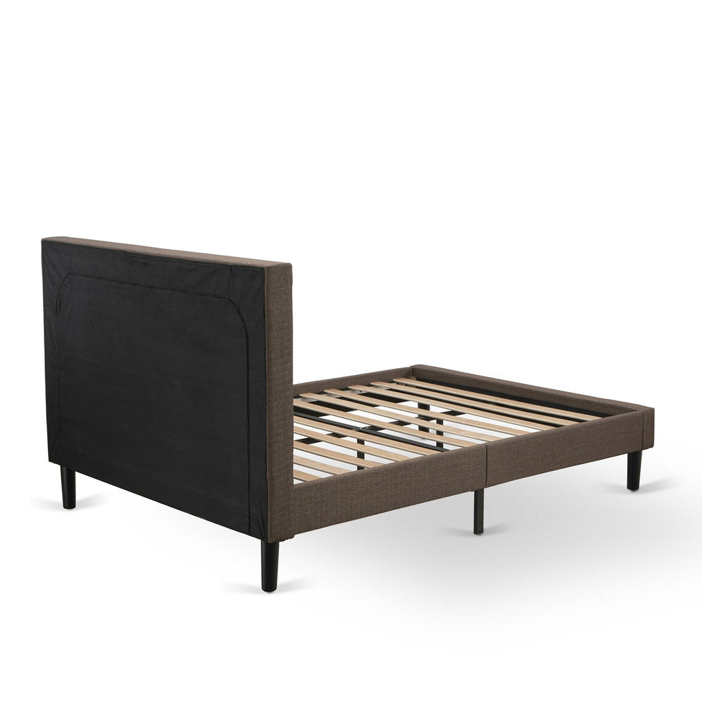 KD18F-1VL0C 2 Pc Full Bed Set - 1 Full Size Bed Frame Brown Linen Fabric Padded and Button Tufted Headboard - 1 Night Stand with Mid Century Drawers - Black Finish Legs