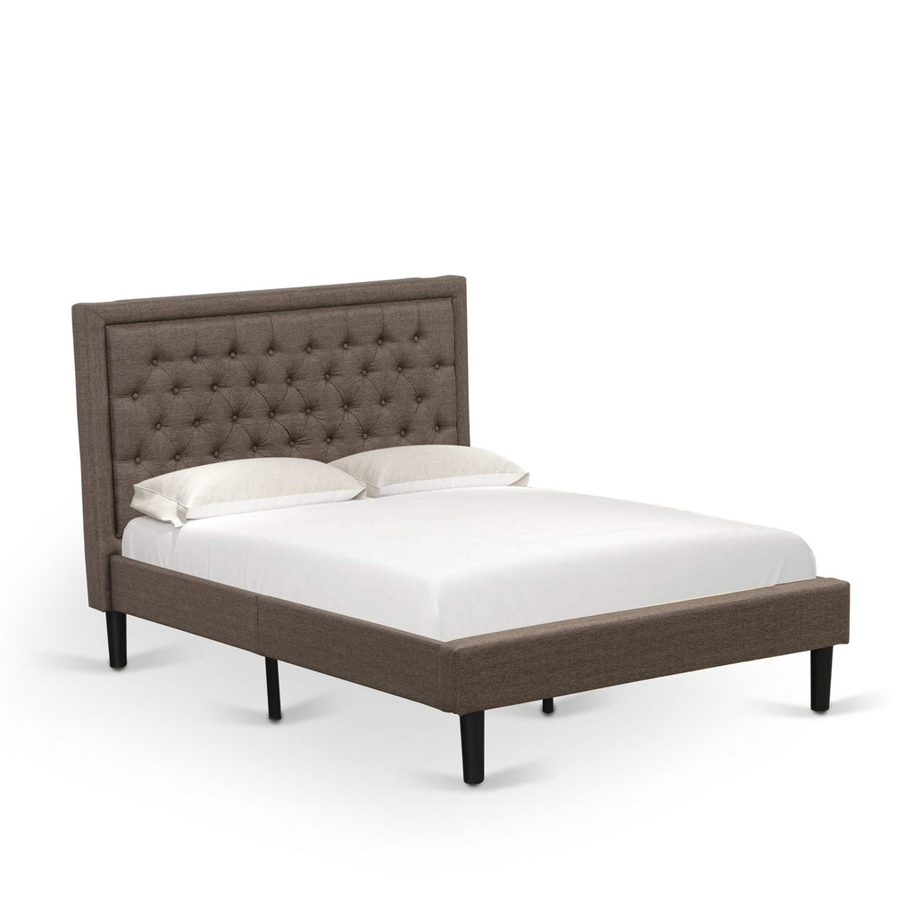 KD18F-1VL0C 2 Pc Full Bed Set - 1 Full Size Bed Frame Brown Linen Fabric Padded and Button Tufted Headboard - 1 Night Stand with Mid Century Drawers - Black Finish Legs