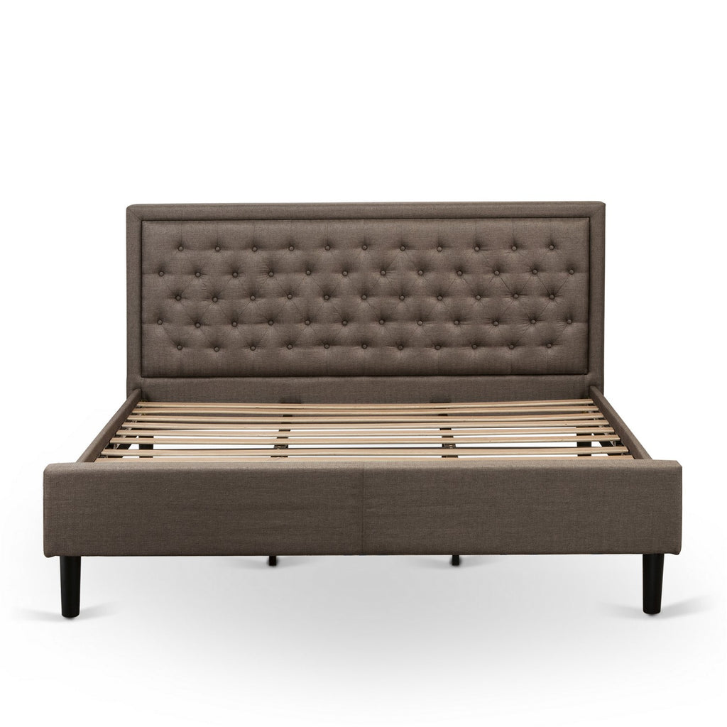 East West Furniture KDF-18-K Platform King Bed Frame Wood - Brown Linen Fabric Upholestered Bed Headboard with Button Tufted Trim Design - Black Legs