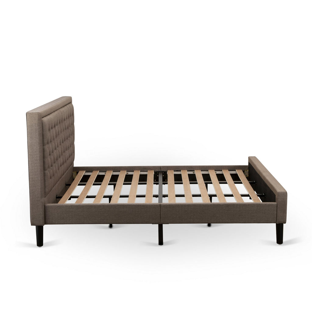 East West Furniture KDF-18-K Platform King Bed Frame Wood - Brown Linen Fabric Upholestered Bed Headboard with Button Tufted Trim Design - Black Legs