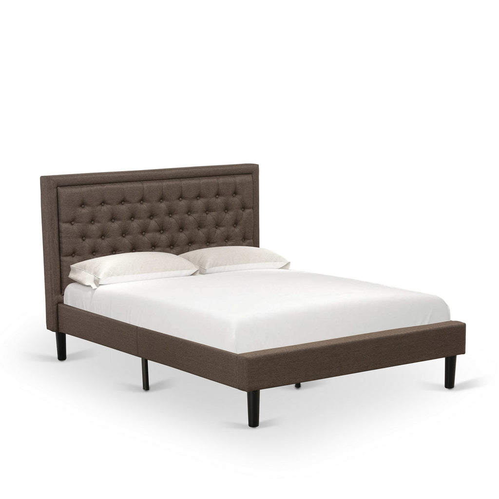 East West Furniture KD18Q-2DE07 3 Piece Bed Set - 1 Modern Bed Frame Brown Linen Fabric Padded and Button Tufted Headboard - 2 Mid Century Modern Nightstand with Wooden Drawer - Black Finish Legs