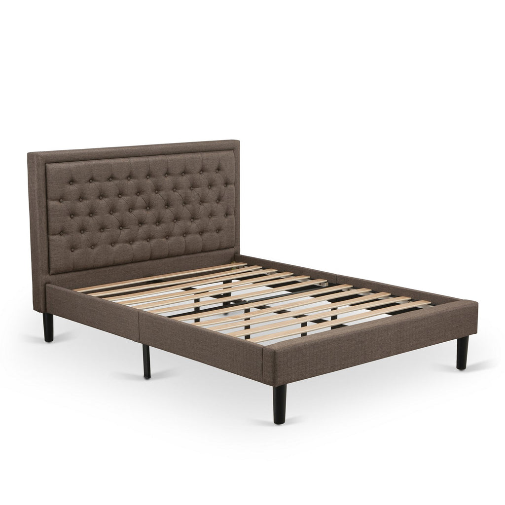 East West Furniture KD18Q-2BF08 3 Piece Bed Set - 1 Platform Queen Bed Frame Brown Linen Fabric Padded and Button Tufted Headboard with 2 Mid Century Modern Nightstand - Black Finish Legs