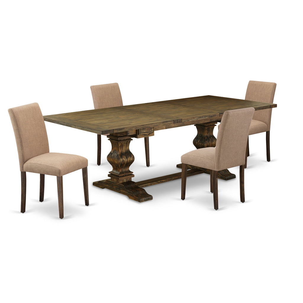 East West Furniture LAAB5-77-47 5 Piece Dining Set Includes a Rectangle Dining Room Table with Butterfly Leaf and 4 Light Sable Linen Fabric Upholstered Chairs, 42x92 Inch, Jacobean