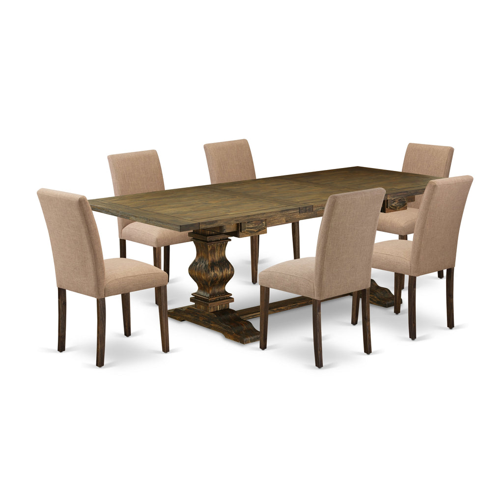 East West Furniture LAAB7-77-47 7 Piece Kitchen Table Set Consist of a Rectangle Dining Table with Butterfly Leaf and 6 Light Sable Linen Fabric Parsons Chairs, 42x92 Inch, Jacobean