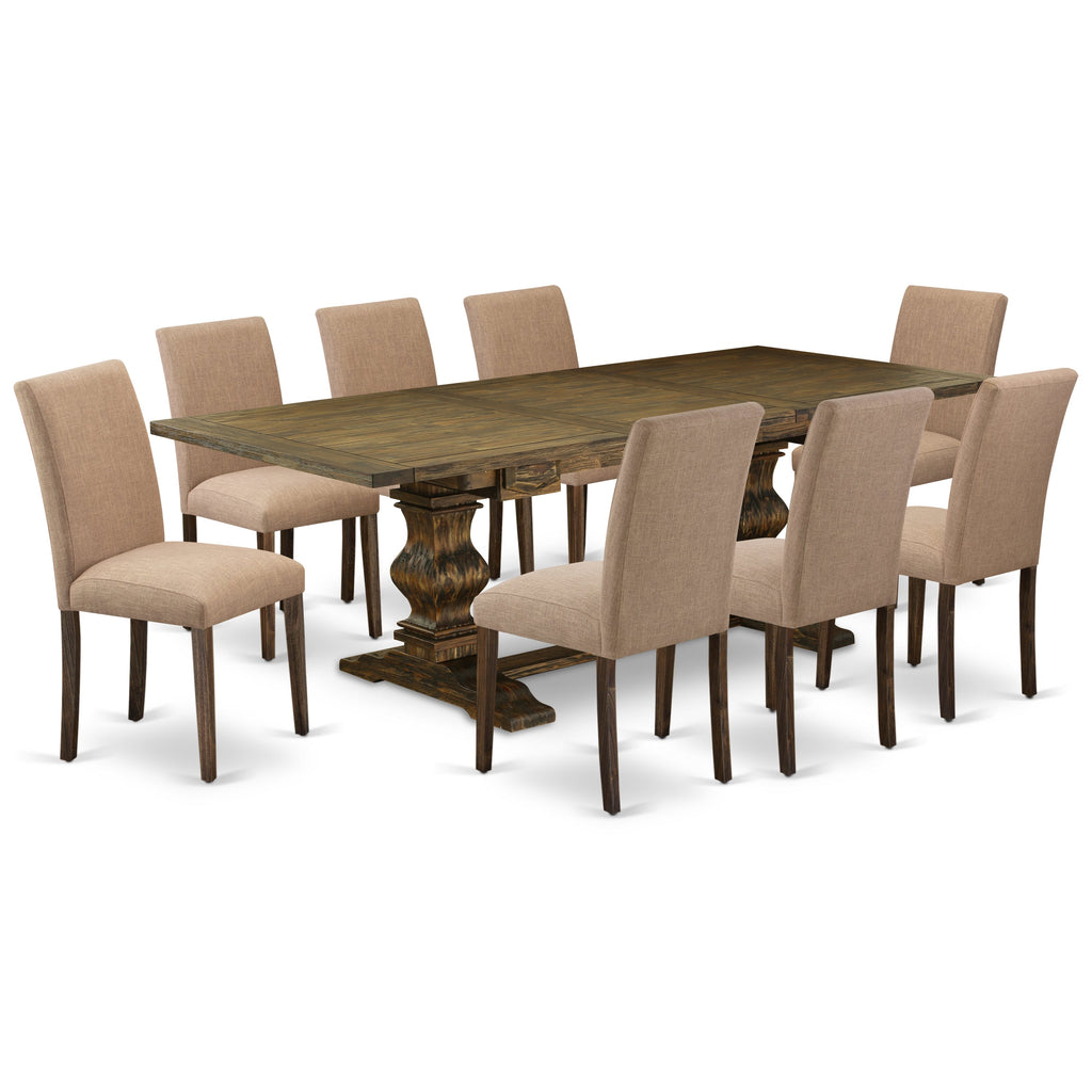 East West Furniture LAAB9-77-47 9 Piece Modern Dining Table Set Includes a Rectangle Wooden Table with Butterfly Leaf and 8 Light Sable Linen Fabric Parsons Chairs, 42x92 Inch, Jacobean