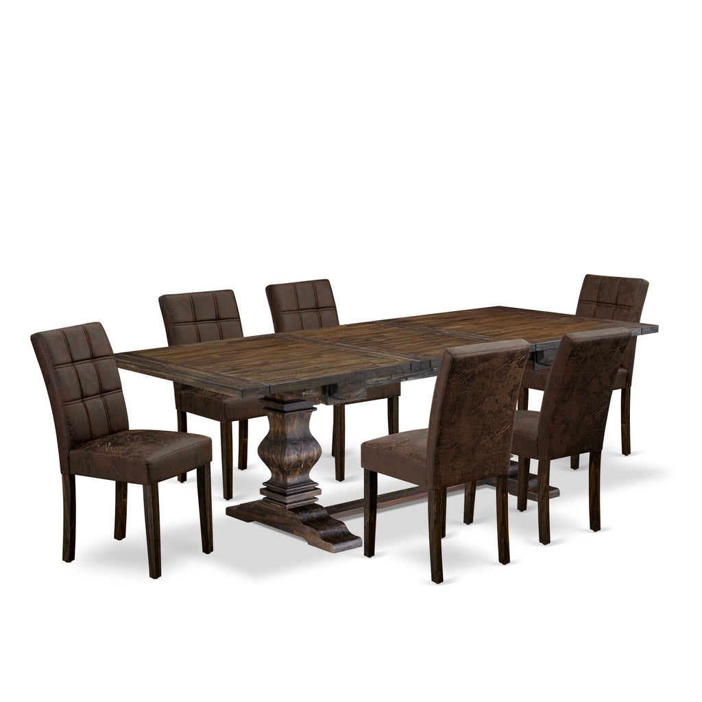 East West Furniture LAAS7-07-T25 7 Piece Dining Room Set contain A Modern Dining Table and 6 Black Textured Faux Leather Upholstered Chairs, Distressed Jacobean